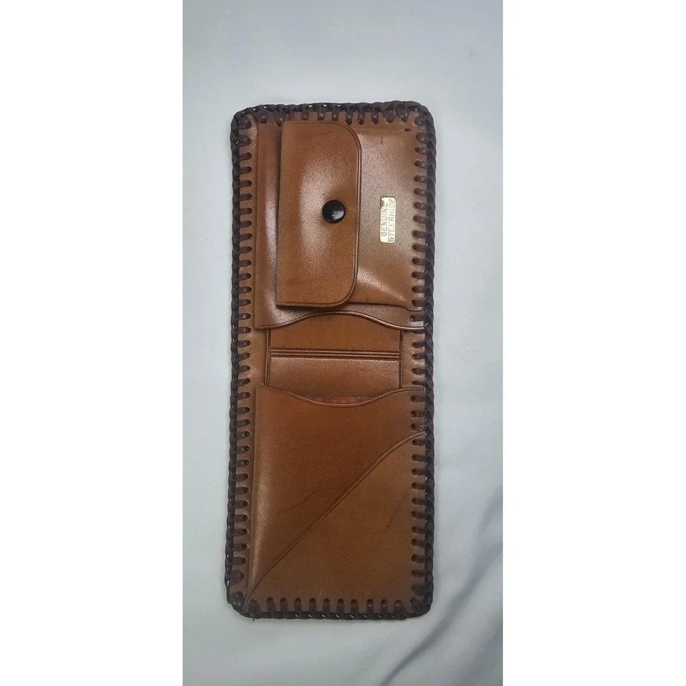 Vintage‎ Genuine Leather Tooled Wallet Western Long Bifold Coin Pocket Brown
